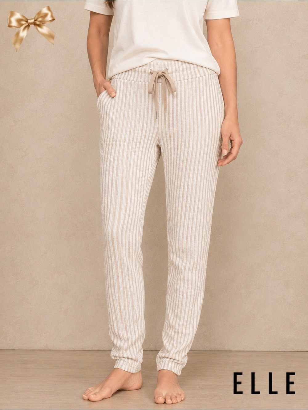 Elle Textured Ribbed Pull-On Pants Beige Cream Striped Size L